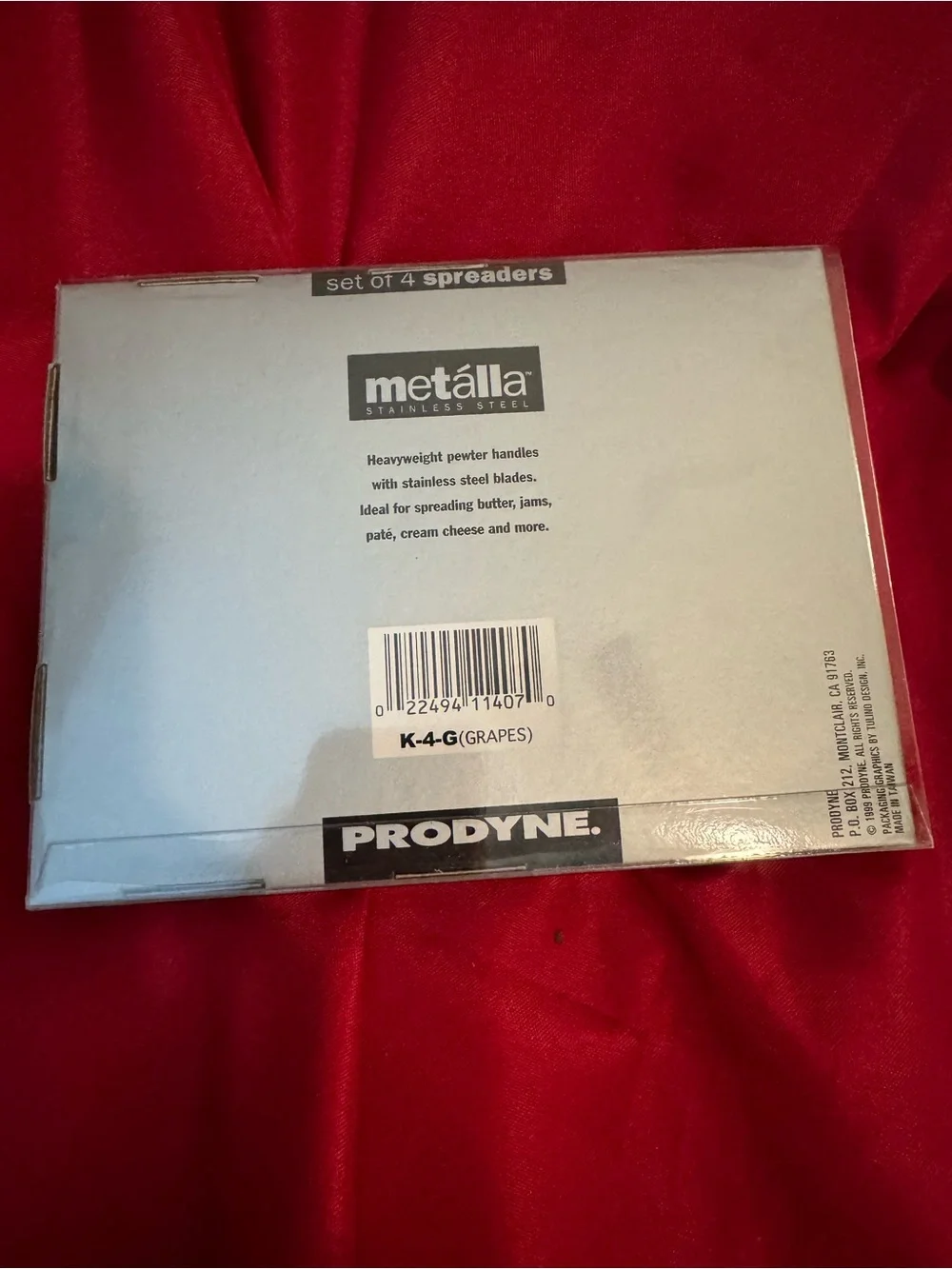 Vintage 1999 Prodyne Metalla set 4 server Spreaders w/ Pewter grape Handles NIB